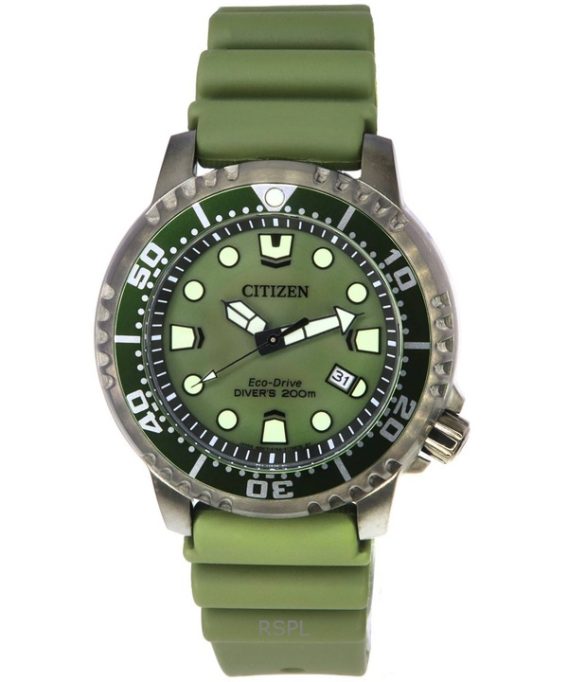 Renoveret Citizen Promaster Marine gummirem Green Dial Eco-Drive Diver&#39,s BN0157-11X 200M herreur