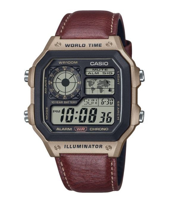 Casio Standard Digital World Time Læderrem Quartz AE-1200WHL-5AV 100M herreur