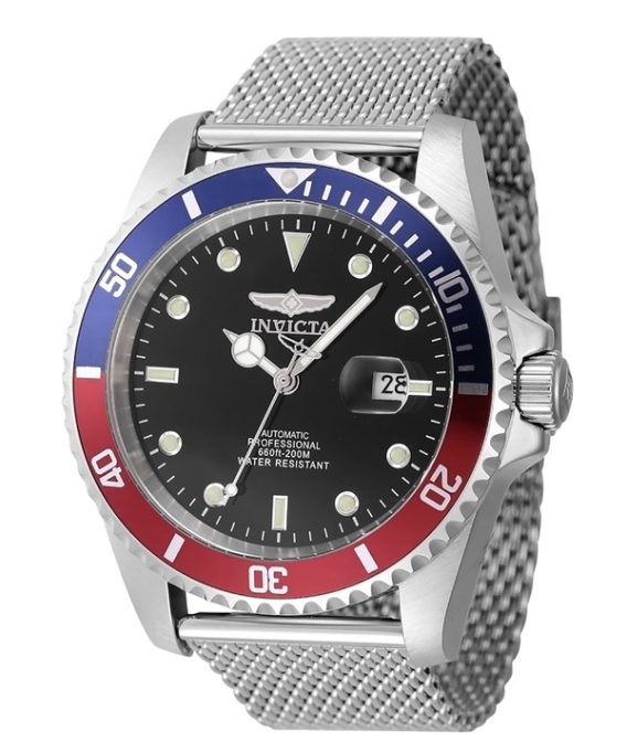 Invicta Pro Diver rustfrit stål blå og rød Pepsi Bezel Black Dial Automatisk dykkers 47965 200M herreur