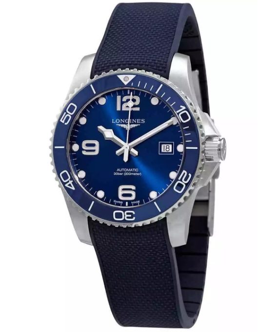 Longines Hydroconquest gummirem Sunray Blue Dial Automatic Diver&#39,s L3.781.4.96.9 300M herreur