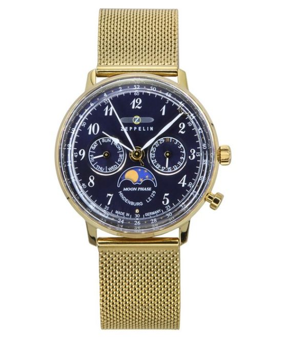 Zeppelin LZ 129 Hindenburg Moon Phase Gold Tone Rustfrit stål Blue Dial Quartz 7039M2 herreur