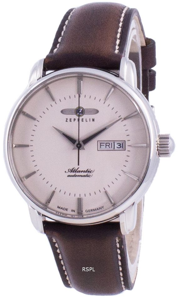 Zeppelin Atlantik Beige urskive læderrem automatisk 8466-5 84665 Herreur