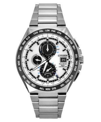 Citizen Eco-Drive Radiostyret GMT Chronograph Super Titanium Silver Dial AT8238-84A 100M herreur