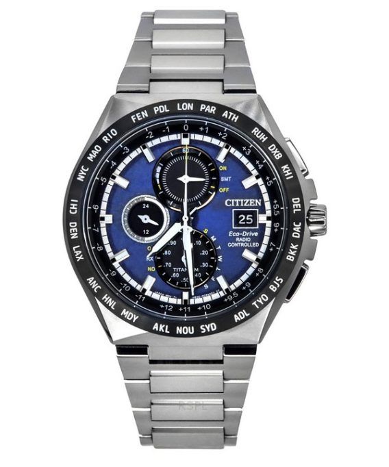 Citizen Eco-Drive radiostyret GMT kronograf Super Titanium Blue Dial AT8238-84L 100M herreur