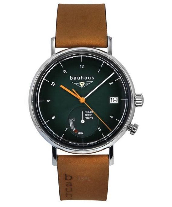 Bauhaus klassisk brun læderrem Dark Green Dial Solar 21124 herreur