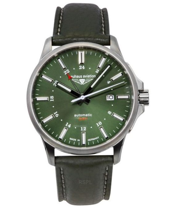 Bauhaus Aviation GMT Grøn læderrem Mørkegrøn Urskive Automatisk 28684 100M herreur