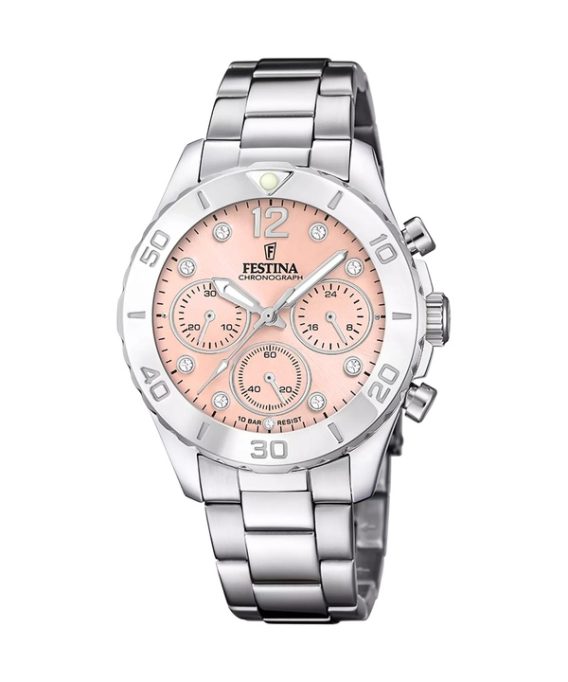 Festina Boyfriend Chronograph Crystal Accenter Pink Dial Quartz F20603-7 100M dameur