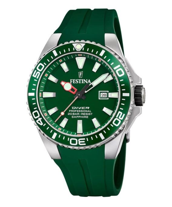 Festina The Originals gummistrop Grøn skive Quartz Diver&#39,s F20664-2 200M herreur