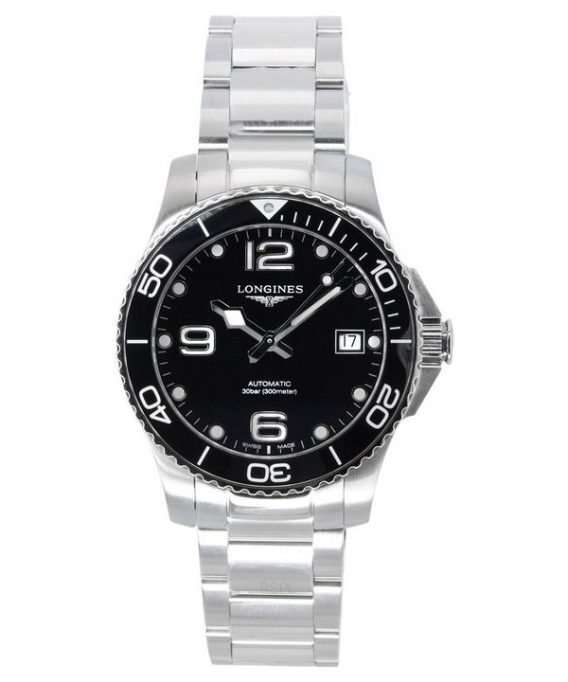 Longines HydroConquest rustfrit stål sort skive automatisk dykker L3.780.4.56.6 300M herreur