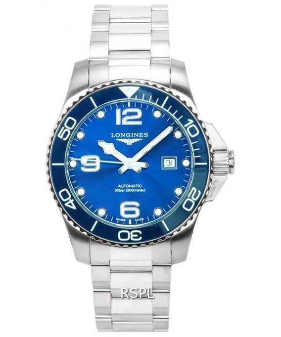 Longines HydroConquest Sunray Blue med Super-LumiNova skive automatisk dykker L3.782.4.96.6 300M herreur