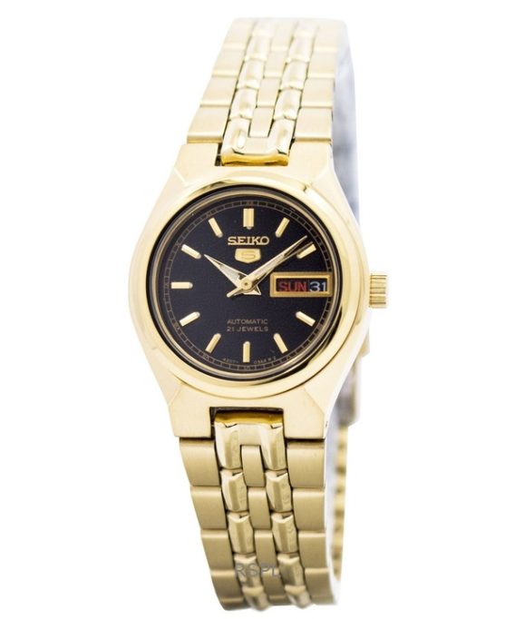 Renoveret Seiko 5 guldfarvede rustfrit stål sort skive automatisk 21 juveler SYMA06K1 dameur